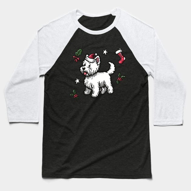 Westie Christmas Design - West Highland Terrier Santa Hat - Cartoon Dog Holiday Drawing Baseball T-Shirt by Star Fragment Designs